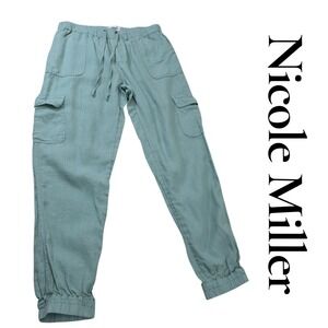 Nicole‎ Miller Linen Blend Cargo Pants Women's M Teal Drawstring Elastic Waist